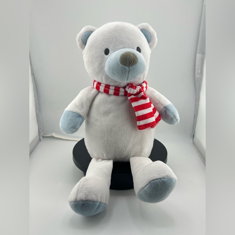 The Manhattan Toy Teddy Bear Plush Snowy White W/Blue Red White Scarf Lovey